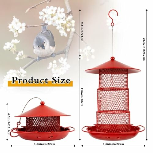 Red bird feeder with dimensions and a bird on a blossoming branch.