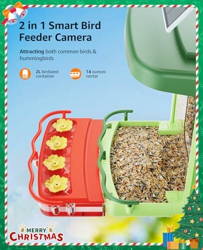 Smart bird feeder camera with seed and nectar compartments.