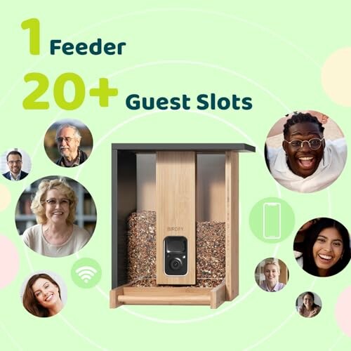 Smart bird feeder with multiple guest slots and smiling people.