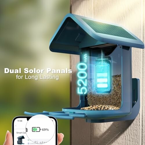 Solar-powered bird feeder with smartphone connectivity.