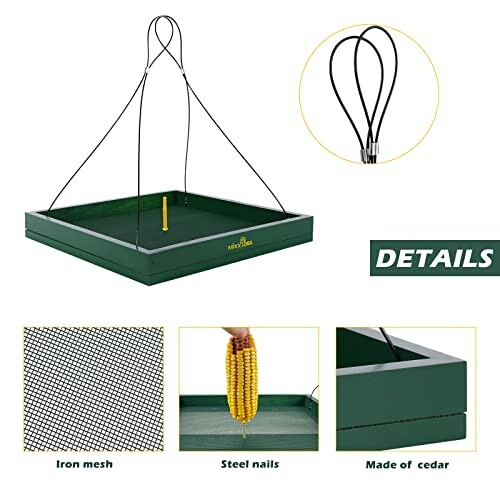 Green squirrel feeder with iron mesh, steel nails, and cedar construction.