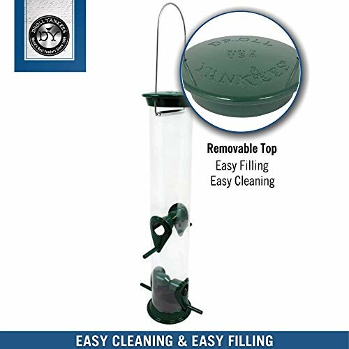 Green squirrel-proof bird feeder with removable top for easy cleaning and filling.