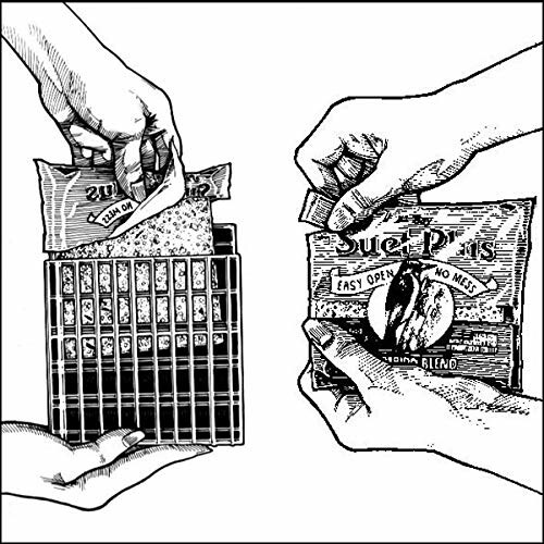 Illustration of hands opening a suet package and placing it in a feeder.