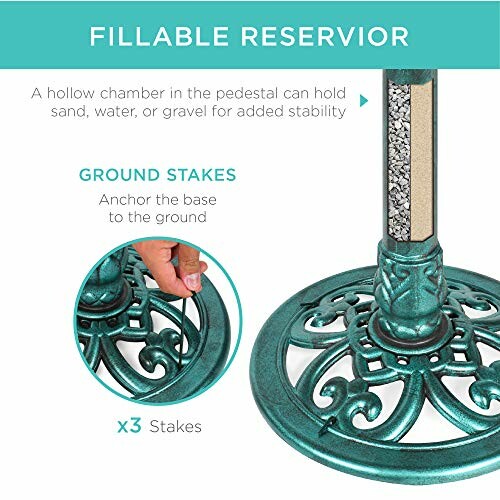 Umbrella base with fillable reservoir and ground stakes for stability.