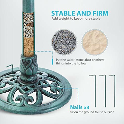 Stable umbrella base stand with filling options and ground nails.