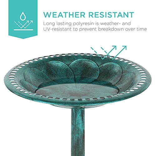 Weather resistant polyresin bird bath with UV protection.