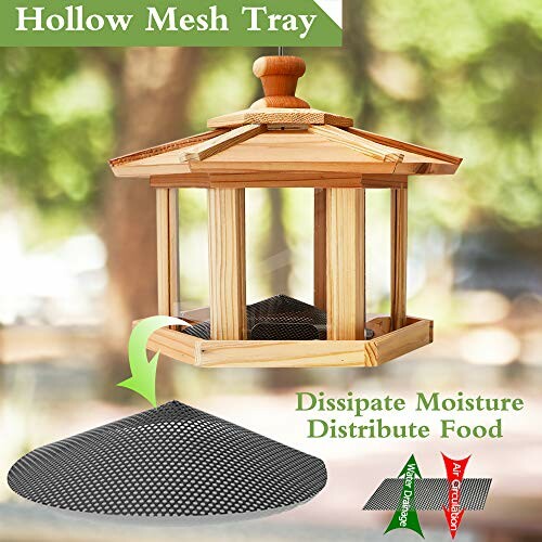 Wooden bird feeder with a hollow mesh tray for moisture dissipation and food distribution.