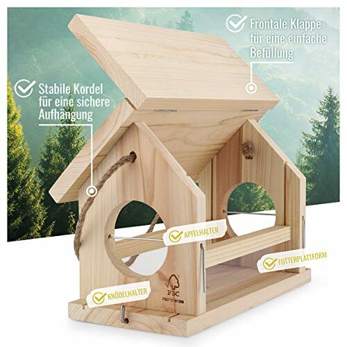 Wooden bird feeder with labels for features.