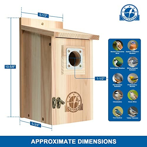 Wooden birdhouse with approximate dimensions and bird compatibility.