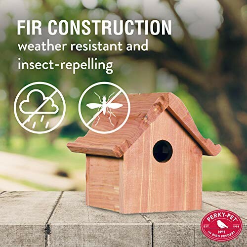 A wooden birdhouse with fir construction, weather resistant and insect-repelling features.