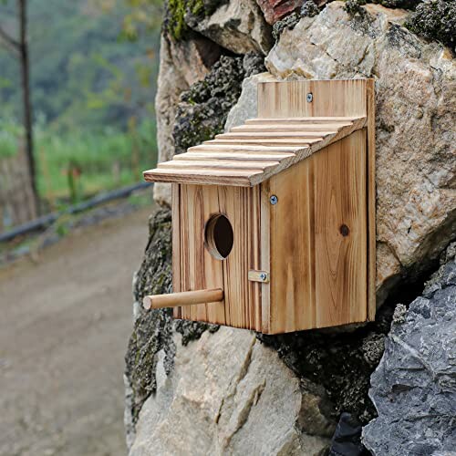 A wooden birdhouse attached to a rock wall outdoors