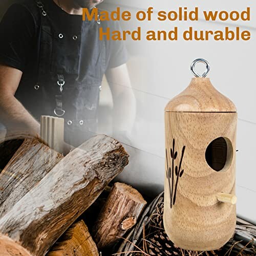 Solid wood birdhouse with decorative carving, showcasing durability.