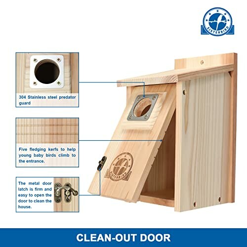 Wooden birdhouse with clean-out door and features labeled.