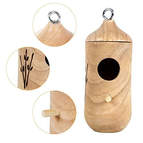 Wooden birdhouse with circular entrance and engraved design