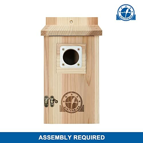 Wooden birdhouse with assembly required label