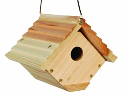 Wooden birdhouse with slanted roof