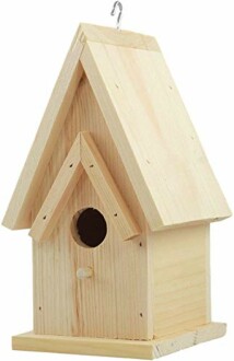 Unpainted wooden birdhouse with a triangular roof.