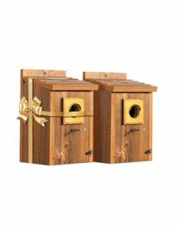 Two wooden birdhouses with a decorative bow.